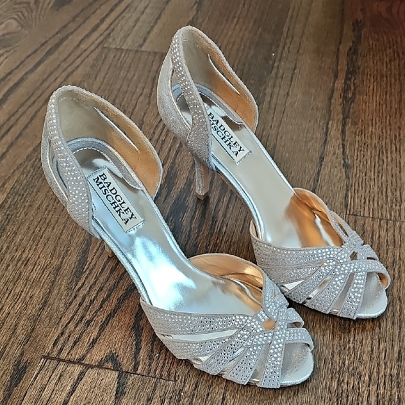 Badgley Mischka Silver And Rhinestone Heels with Intricate Straps - Picture 1 of 10